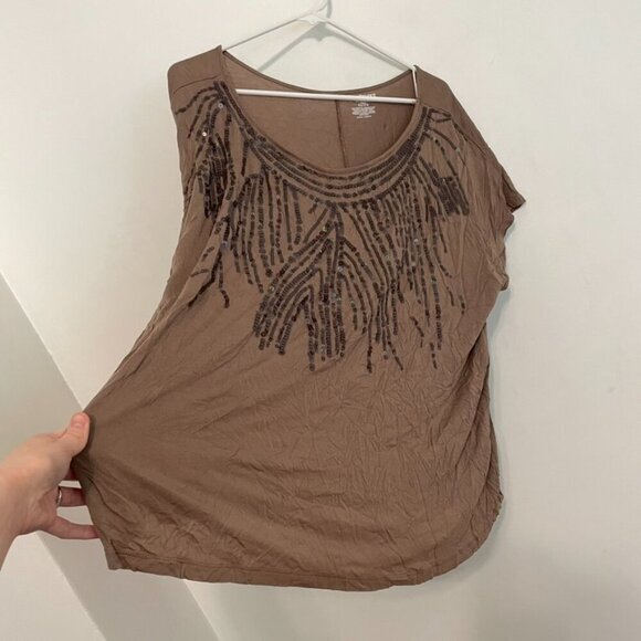 LANE BRYANT Plus Size Solid Brown Sequin Embellished Short Sleeve Blouse 22 / 24 - Picture 10 of 15